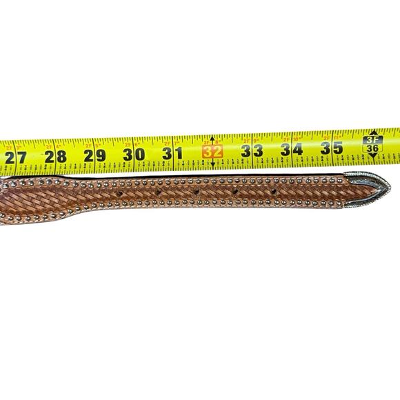 Ranger Belt Co Basket Weave Hair On Hide Studded Brown Leather Belt No Buckle 32 main image 7